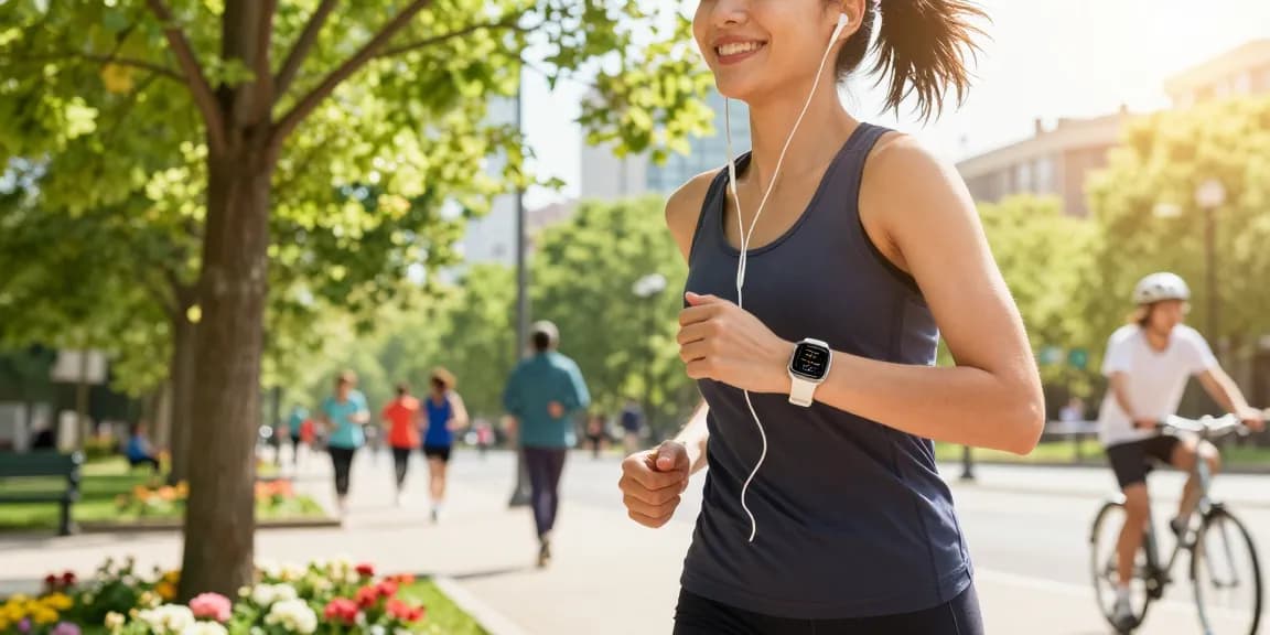 Pengguna Fitbit Luxe dari https://www.polarfitbitshop.com/fitbit-luxe/ berlari di taman urban yang cerah, menunjukkan gaya hidup sehat.