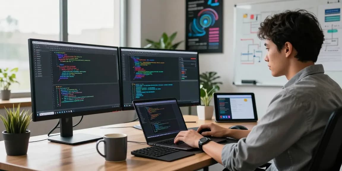 Developer coding in a modern workspace, showcasing vibrant screens and tech elements, encouraging readers to read more here.
