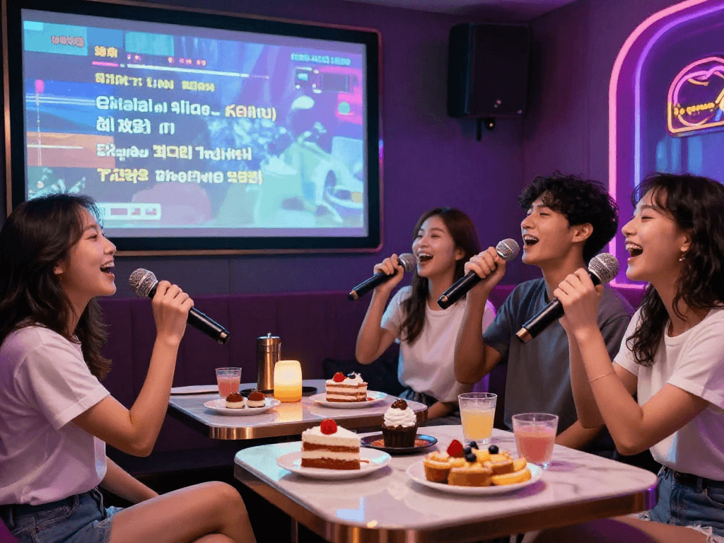 강남 디저트 가라오케에서 친구들과 즐거운 시간을 보내며 노래 부르는 모습