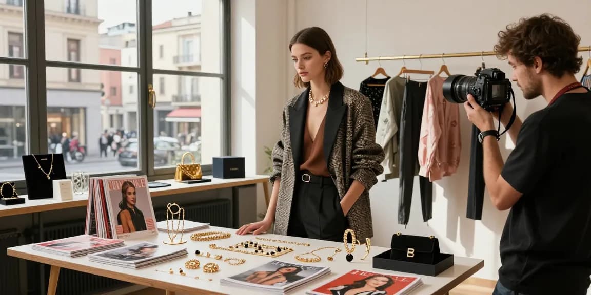 Studio photographique à Milan : photographe professionnel à Milan capturant un modèle en mode avec des bijoux scintillants, lumineux et élégant.