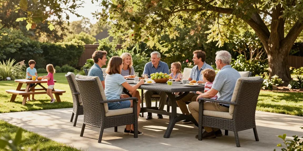 Durable outdoor furniture set in a vibrant patio scene with family enjoying their time.