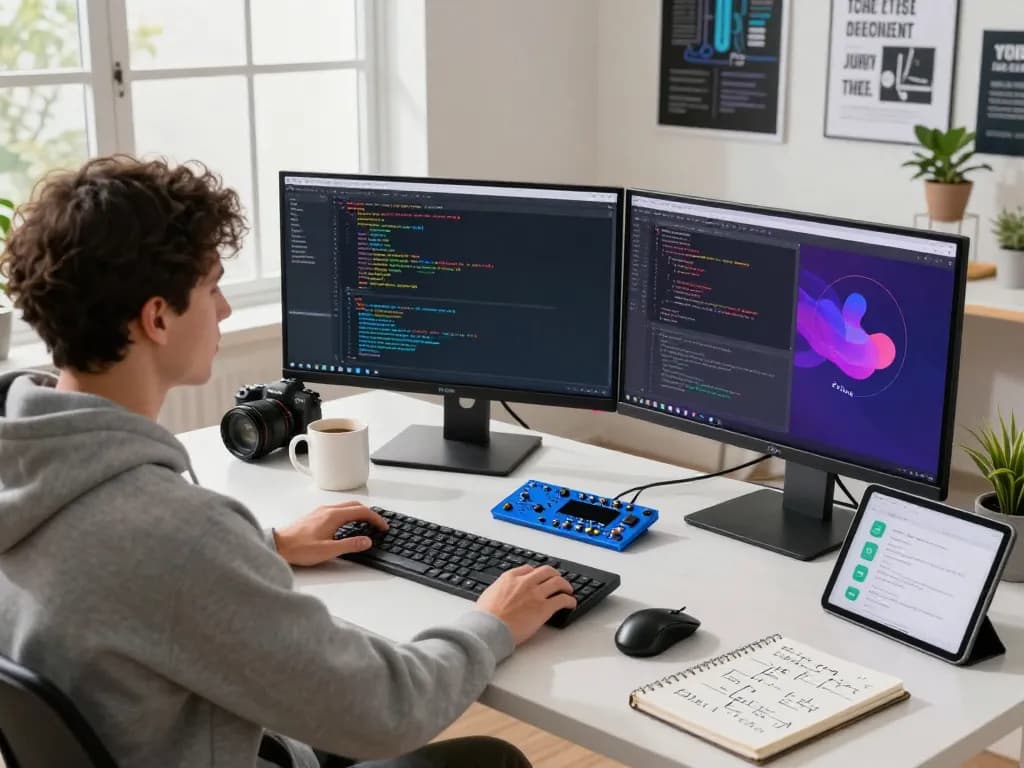 Developer using moltbot ai in a modern tech workspace with dual monitors and coding interfaces.