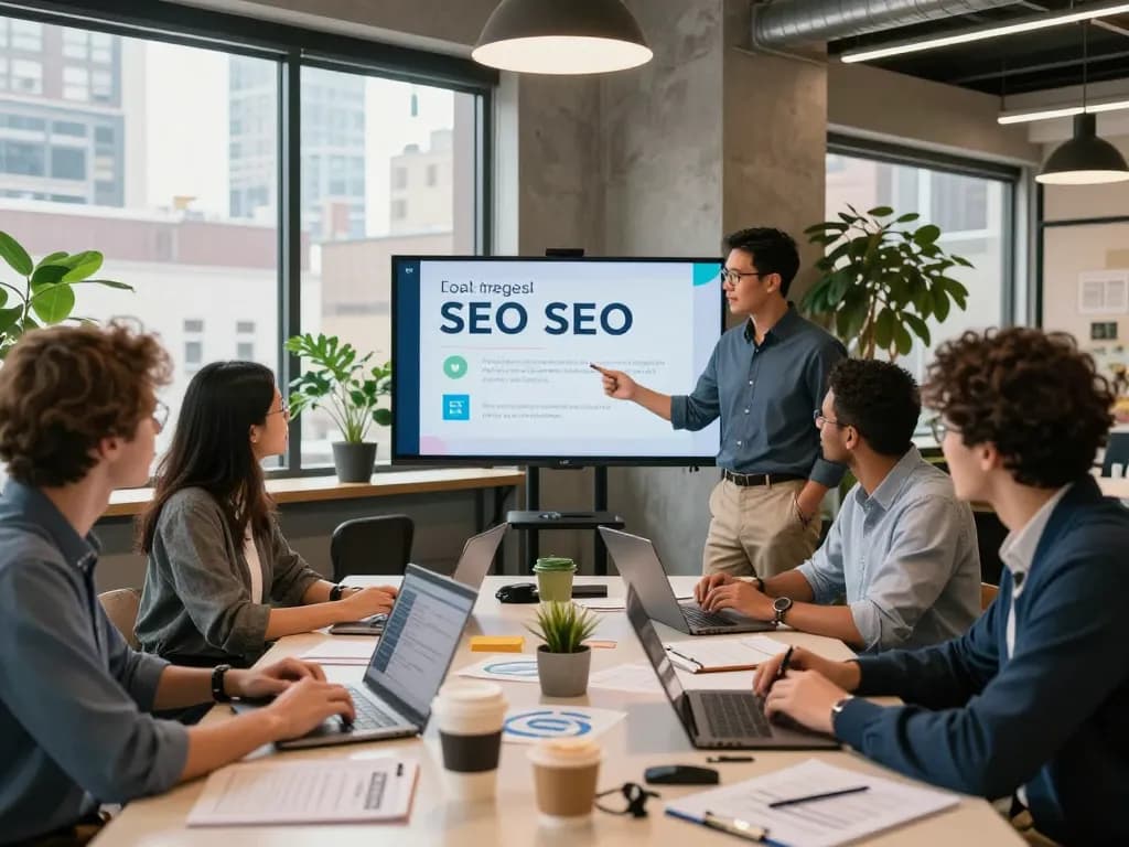 Team strategizing local SEO NYC tactics in a vibrant NYC workspace.