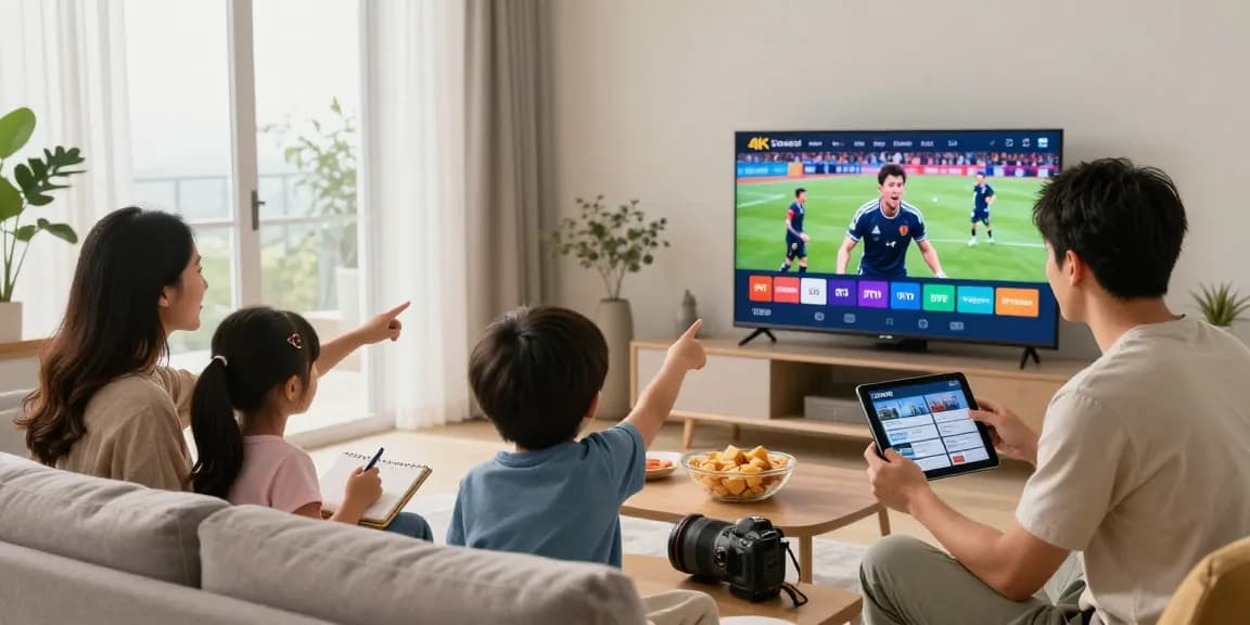 abonnement iptv en famille devant un téléviseur intelligent, en pleine expérience de streaming 4K