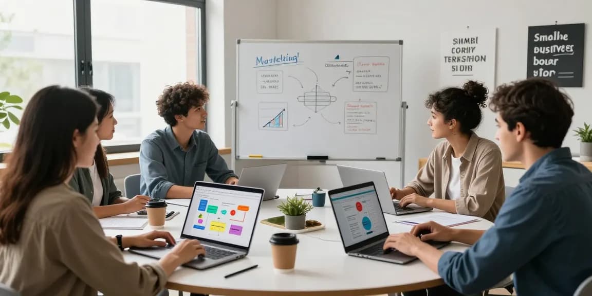 Marketing course for small businesses with diverse learners collaborating in a bright study space.