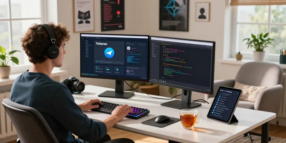 Developer engaging with telegram官网 interface in a bright home office