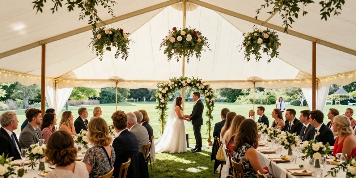 Stunning outdoor wedding setup showcasing marquee hire London with floral decor and joyful celebration.
