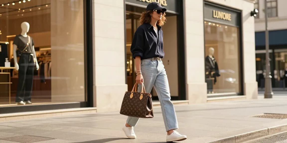Stylish individual displaying a high-quality 레플리카 handbag in an urban setting.
