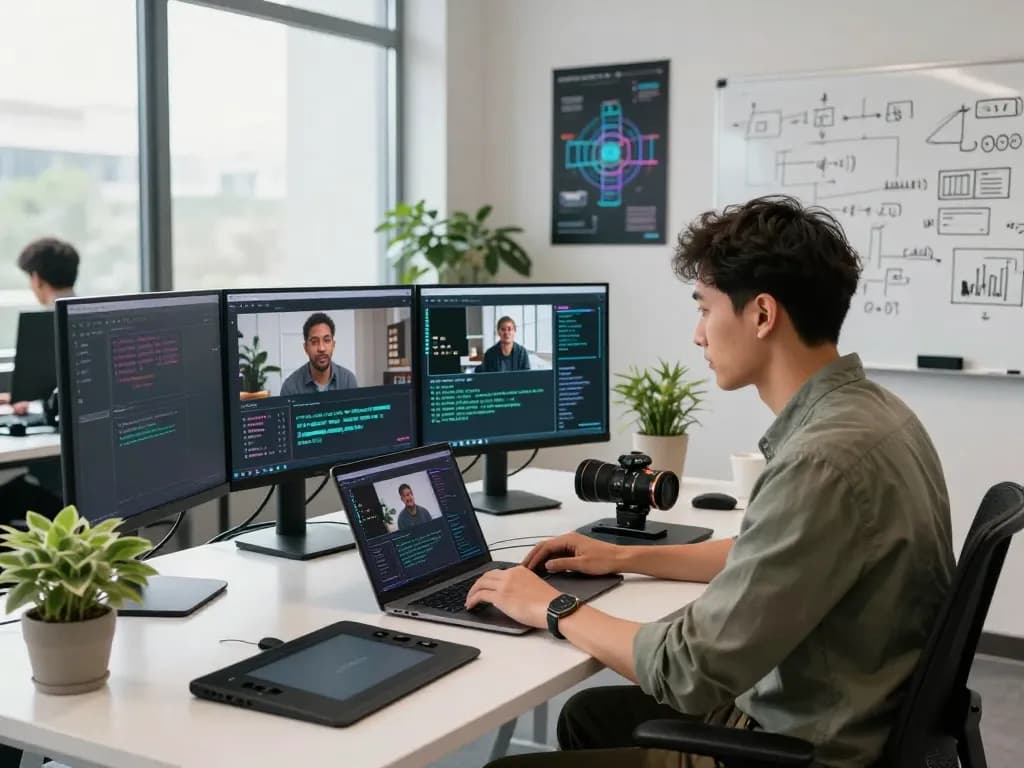 Video to prompt ai analysis in a modern workspace, showcasing AI-generated prompts on multiple screens in a dynamic tech setting.