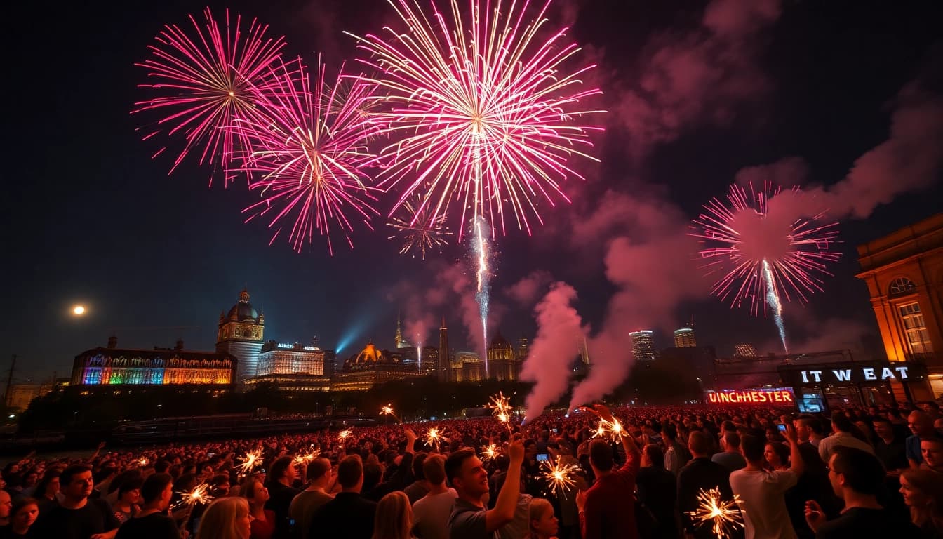 Experience stunning manchester fireworks illuminating the night sky over a vibrant city celebration.