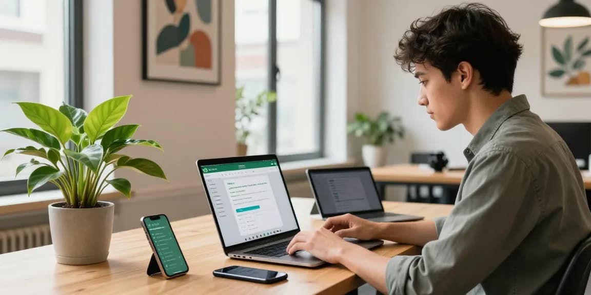 Engaged professional using WhatsApp網頁版 on a laptop in a modern workspace with vibrant decor.