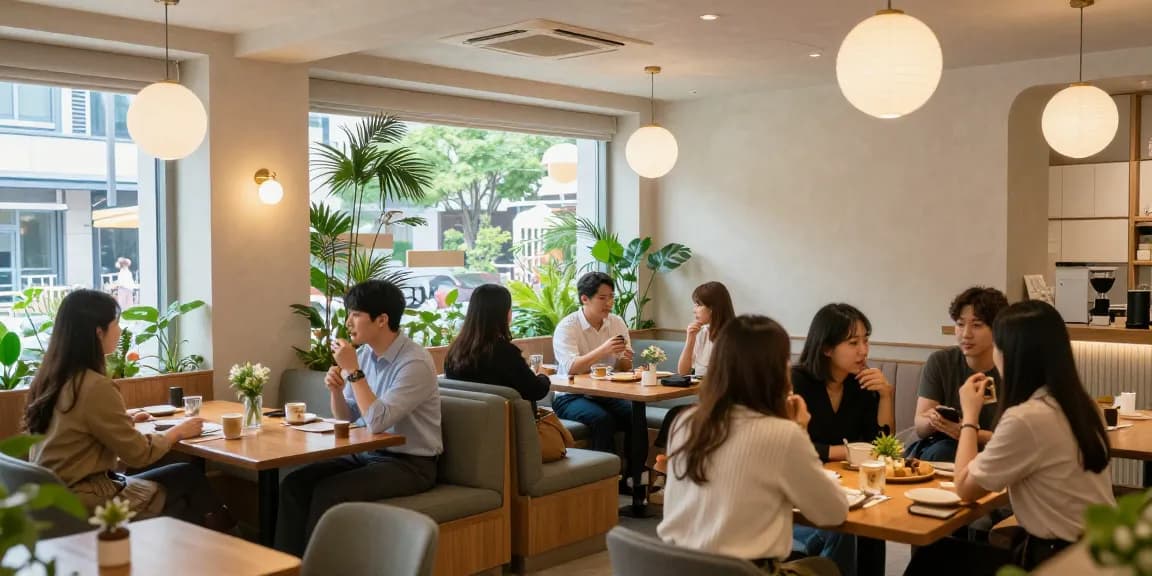 강남쩜오 멀리건의 아늑한 내부 공간에서 손님들이 즐기는 모습으로, 편안한 분위기와 세련된 인테리어가 특징입니다.