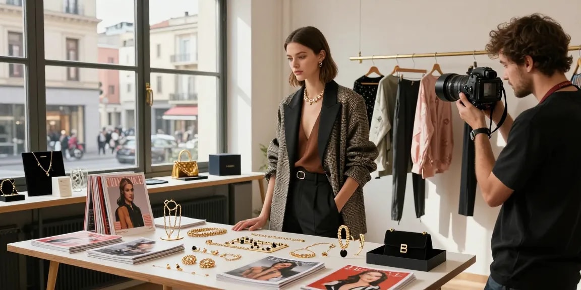 Studio photographique à Milan : photographe professionnel à Milan capturant un modèle en mode avec des bijoux scintillants, lumineux et élégant.