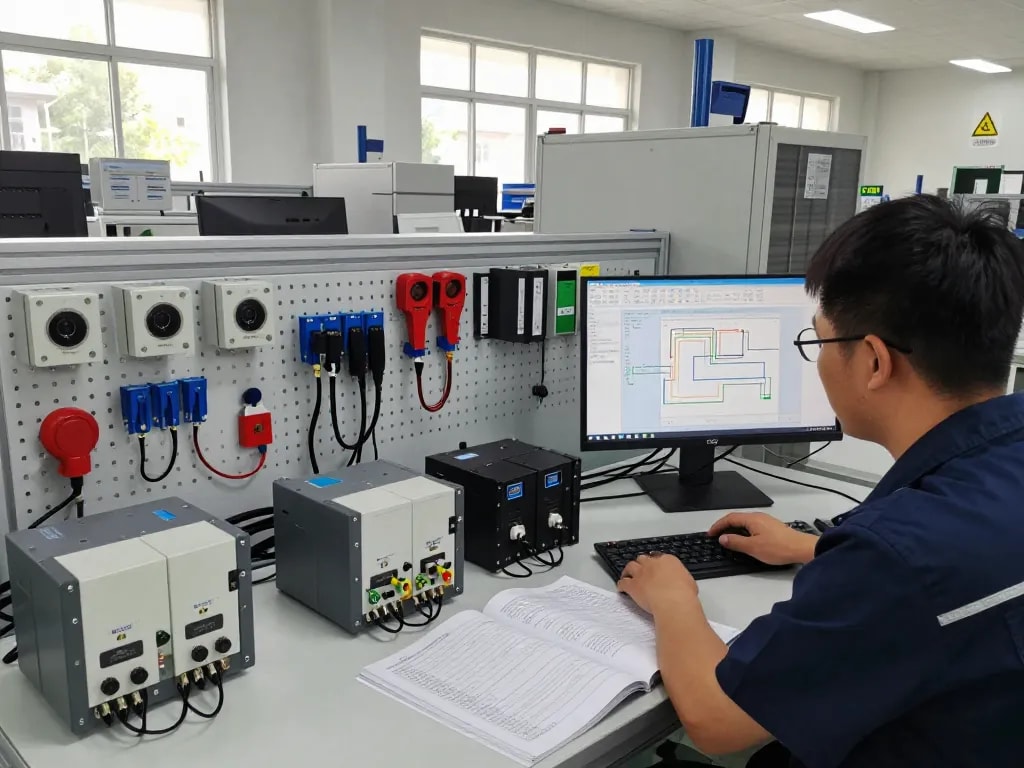 Technician inspecting PLC units and sensors at Hải Phòng Tech's automation workspace.
