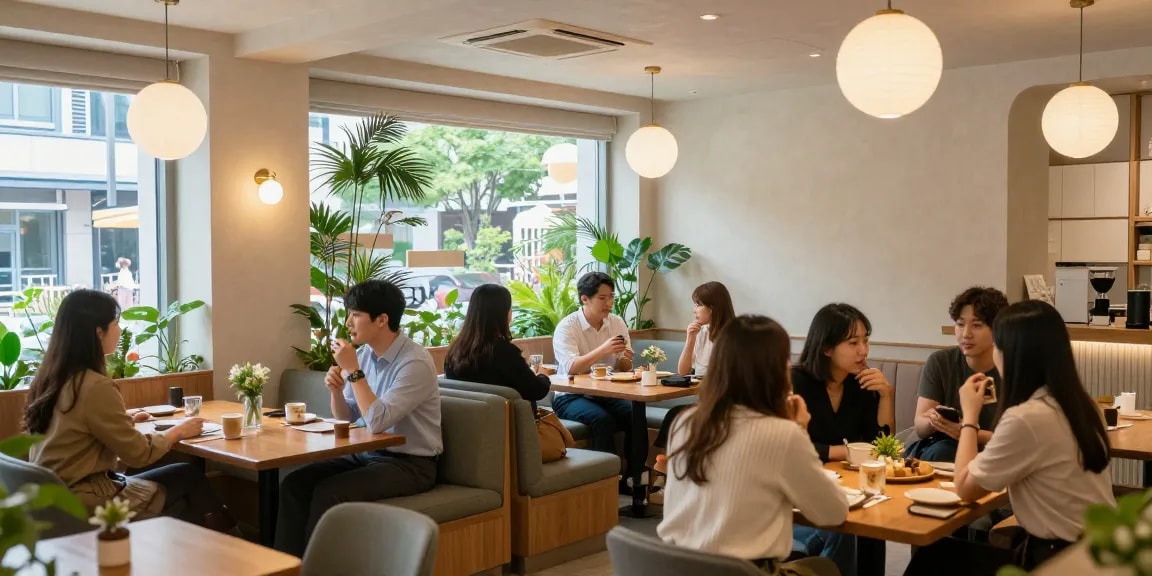 강남쩜오 멀리건의 아늑한 내부 공간에서 손님들이 즐기는 모습으로, 편안한 분위기와 세련된 인테리어가 특징입니다.