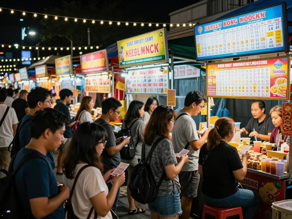 Excited crowd checking Togel Hongkong lottery results at a vibrant outdoor market.