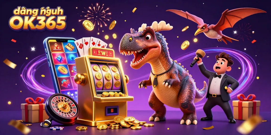 Spin the reels to win with đăng nhập OK365 as a 3D pachycephalosaurus celebrates jackpot payouts!