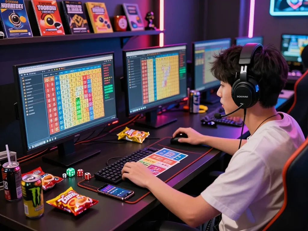 Togel Hongkong gaming session showcasing a player analyzing live results and historical data at a vibrant gaming desk.