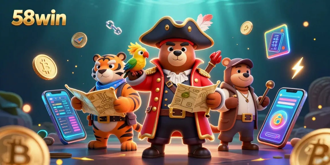 Engage with the thrilling world of 58win featuring a cartoon pirate bear and tiger amidst gold coins.