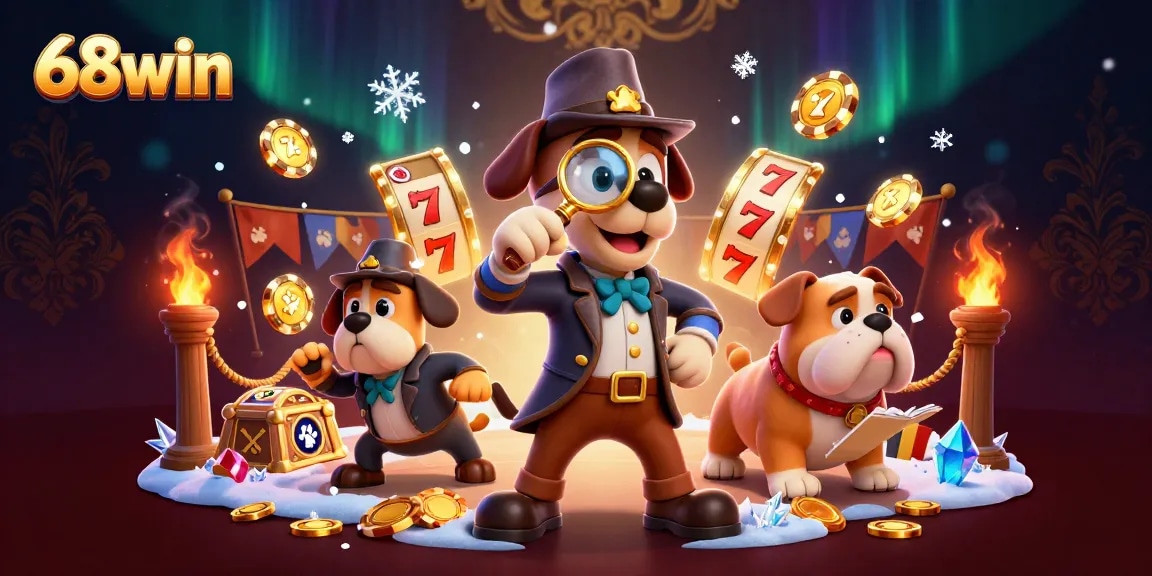 Engage in thrilling gameplay with 68win as a detective and bulldog uncover hidden treasures in this vibrant casino scene.