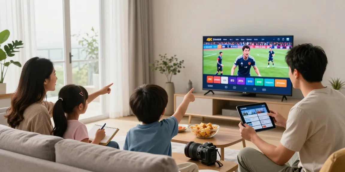 abonnement iptv en famille devant un téléviseur intelligent, en pleine expérience de streaming 4K