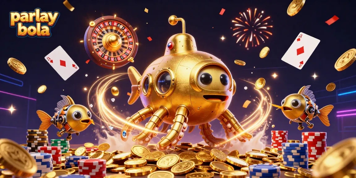 Bet with parlay bola featuring a golden kraken submarine amidst vibrant gambling elements and sparkling coins.