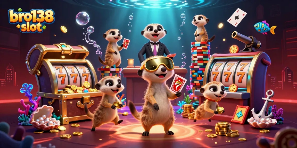 Engage with the lively bro138 slot casino featuring energetic meerkats amidst exciting game elements.
