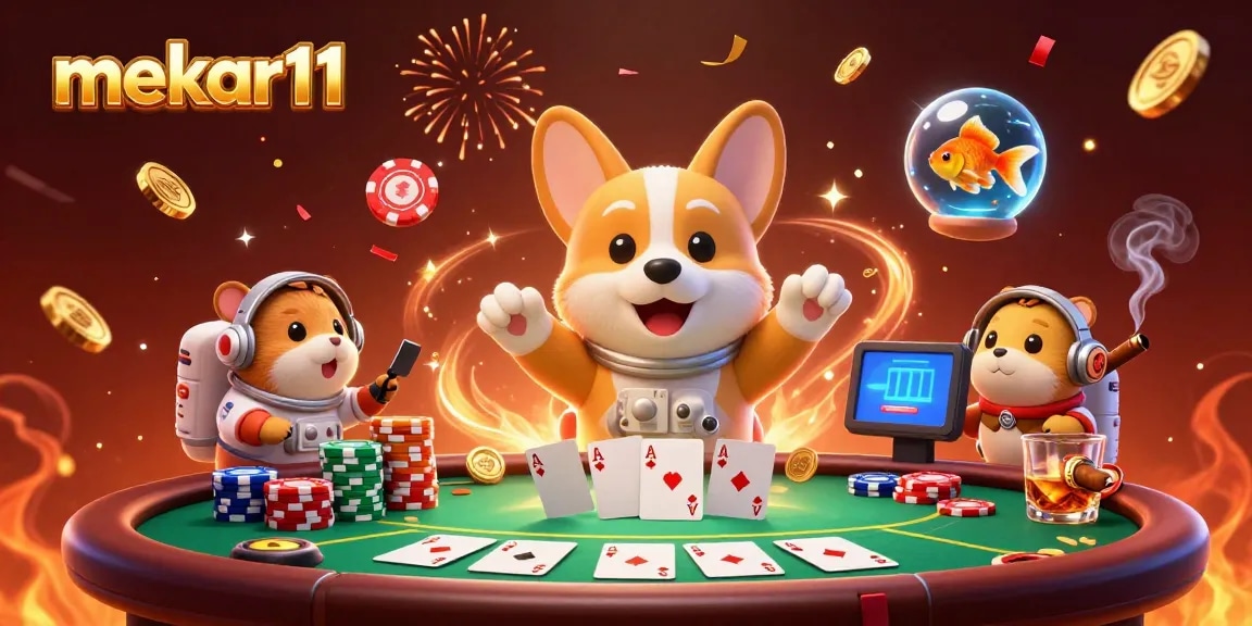 Mekar11 offers an exciting zero-gravity poker game experience with a playful astronaut corgi and friends.