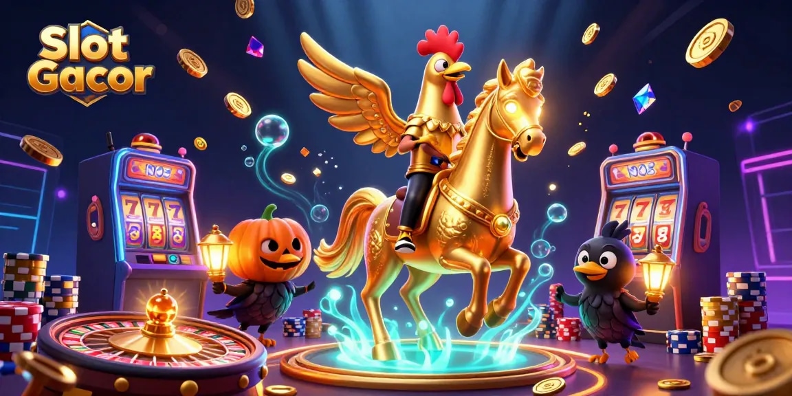 Slot Gacor yang menarik dengan karakter unik di kasino malam, menampilkan koin emas berkilauan.