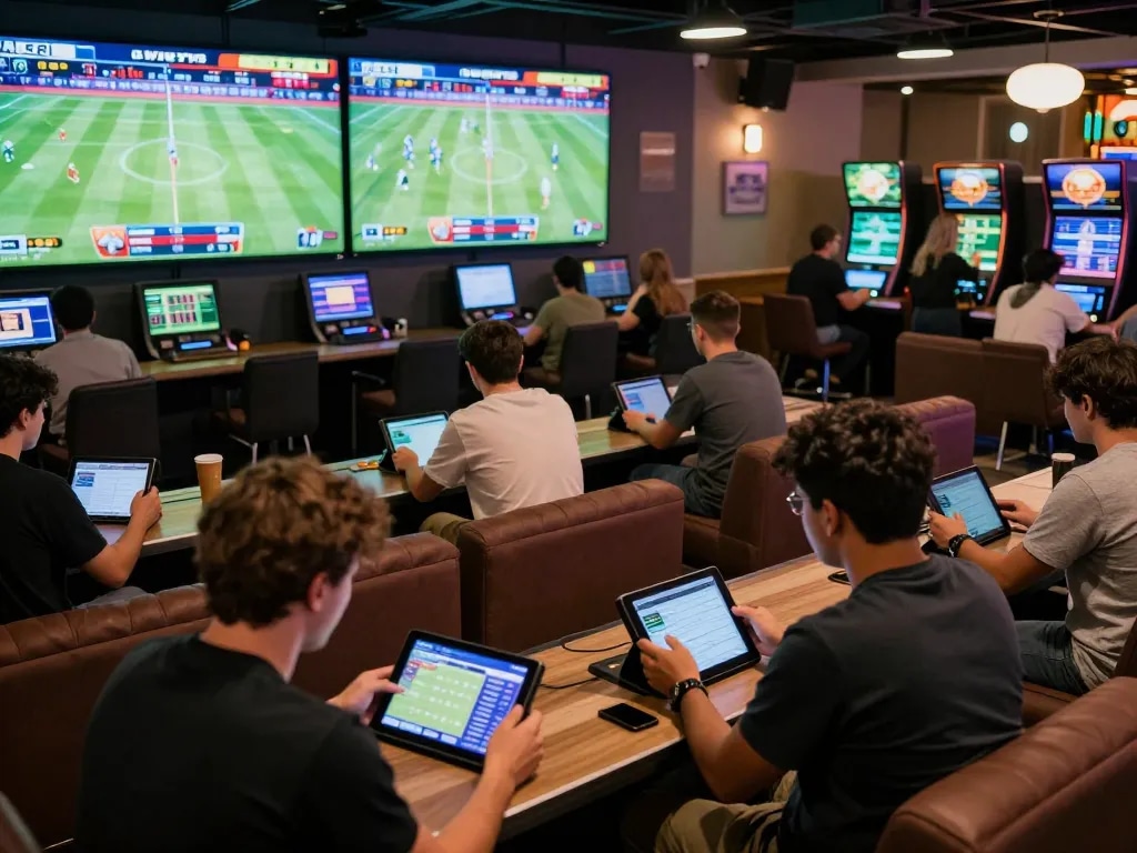Engaging sports enthusiasts placing bets at uu88's vibrant lounge, capturing the excitement of real-time wagering.