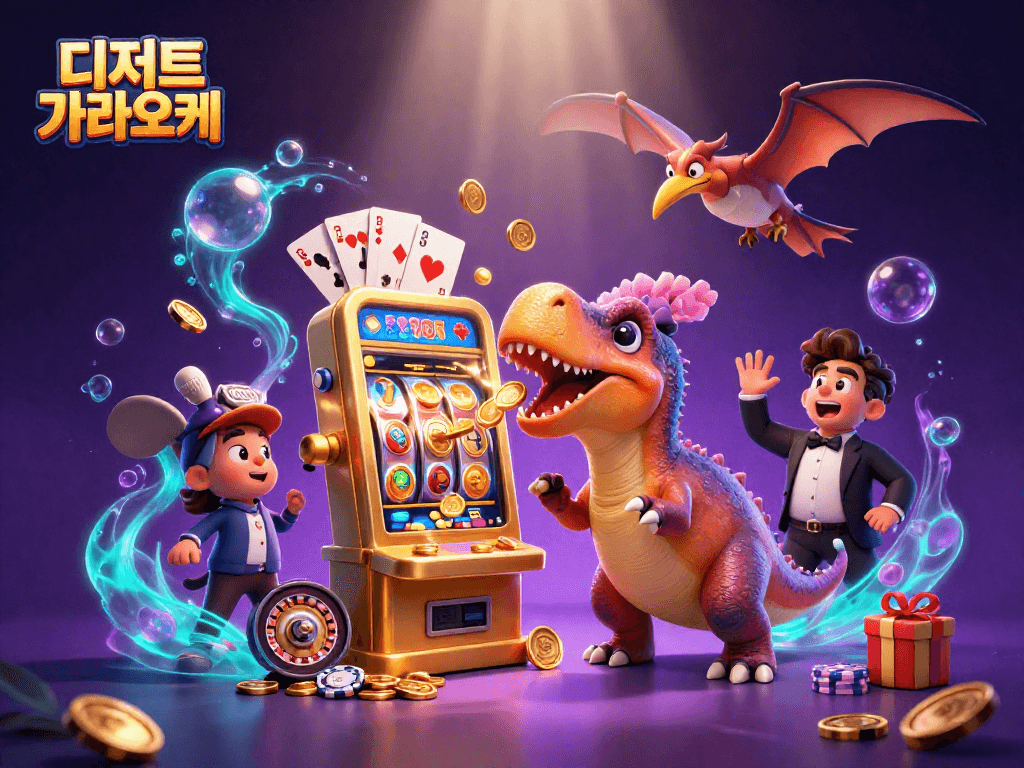 디저트 가라오케에서 슬롯 머신에 영향을 주는 공룡과 함께 황금 코인이 쏟아지는 장면을 보여줍니다.