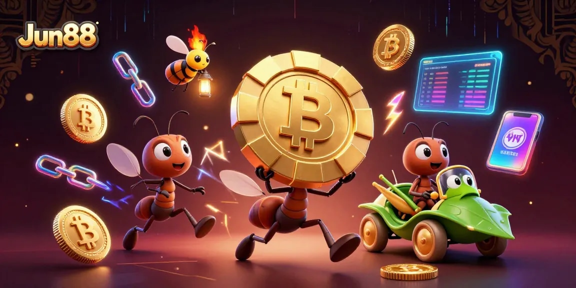Experience Jun88's thrilling world of gambling with animated characters in a heist scene.