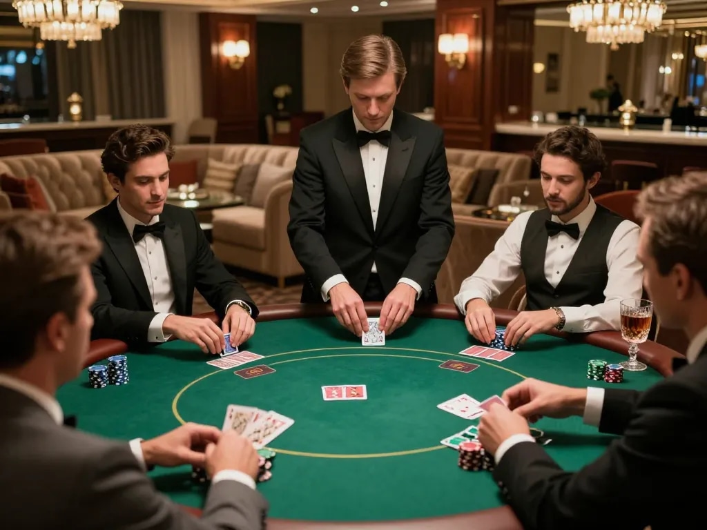 Players engaging in high-stakes poker at 388bet's elegant VIP lounge, showcasing strategic gameplay.