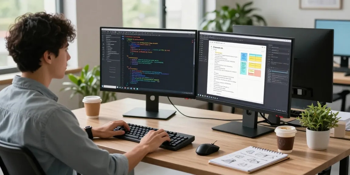 Efficient workspace showcasing 截图工具 in action, with a developer coding on dual monitors surrounded by a modern office environment.