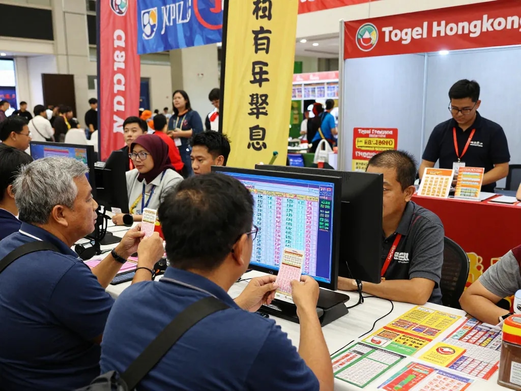 Togel Hongkong event scene, players enthusiastic about live draw results, diverse group engaged in lively discussions, exciting atmosphere.
