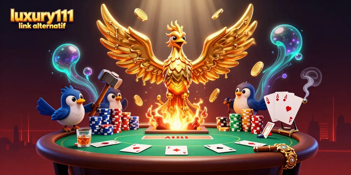 Engage in thrilling games with luxury111 link alternatif, featuring a molten golden phoenix and poker elements.