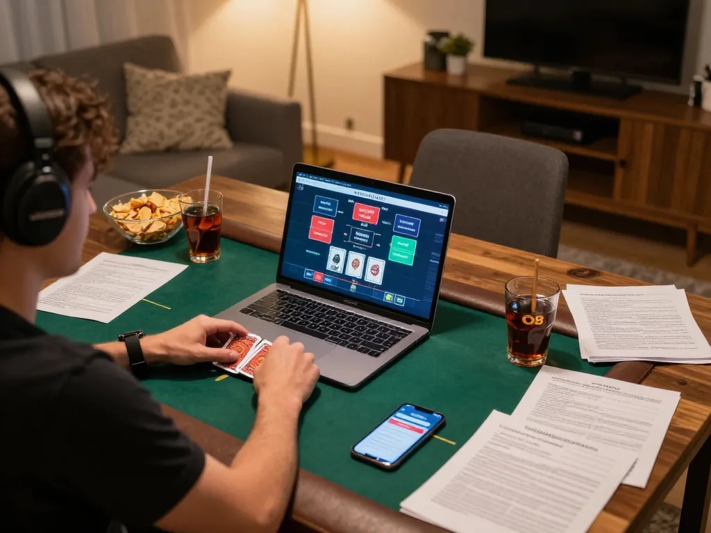 Player enjoying a poker game on the O8 online casino platform in a cozy, well-lit home environment.