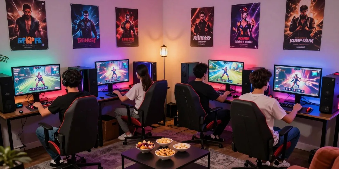 Group of friends enjoying porngames online in a stylish gaming room with vibrant decor.