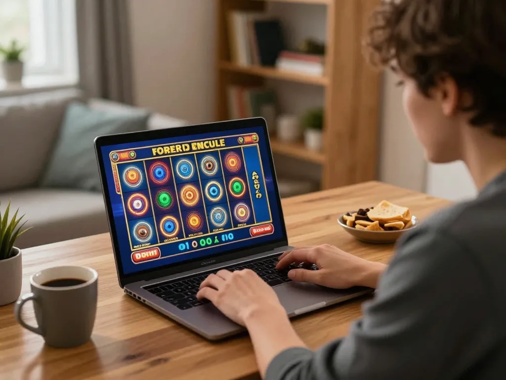 Engaging in slot online gameplay on a laptop in a cozy home office environment