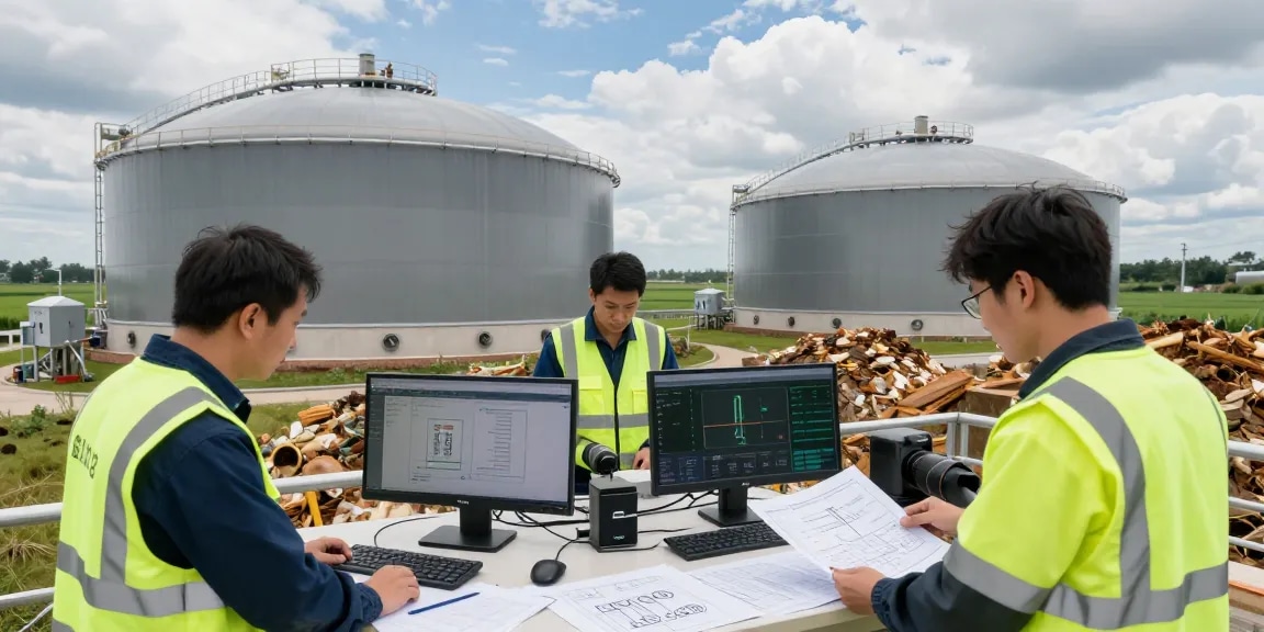 Biogas facility showcasing renewable energy processes with engineers and modern technology.