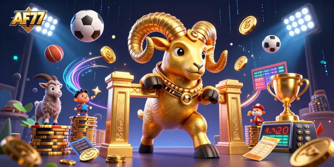 Enjoy exciting gaming experiences at AF77 with dynamic sports elements and a golden ram symbolizing luck.