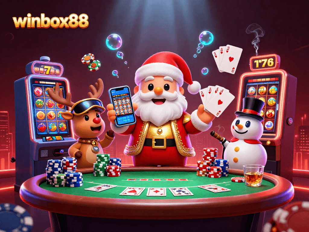 Experience the thrill of winbox88 with Santa Claus and friends celebrating jackpots and slots!
