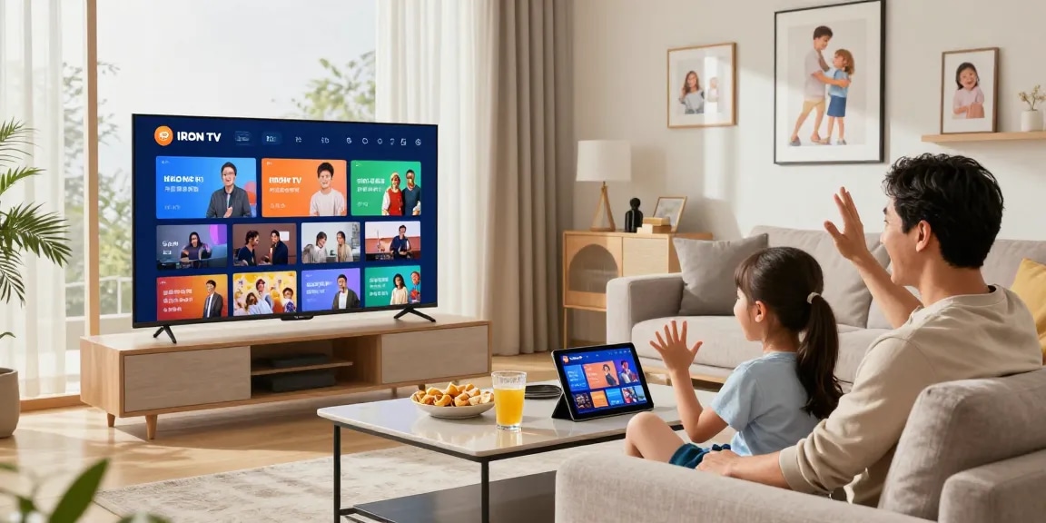 Family enjoying Iron TV IPTV service in a cozy living room with a Smart TV.