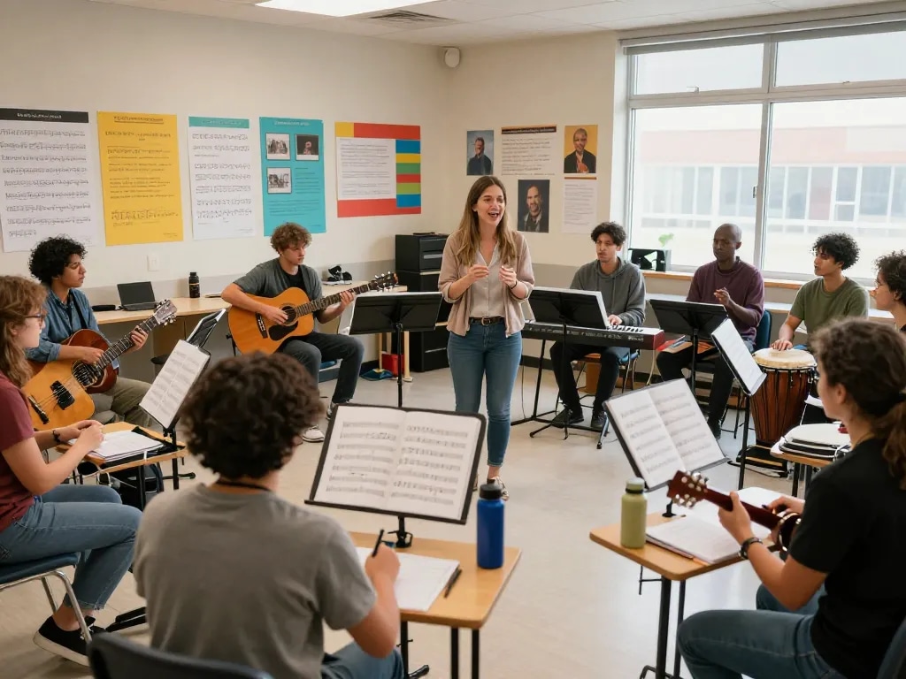 大人の学習者向けのおすすめ音楽教室を強調し、対話型レッスンを展示する魅力的な音楽教室のシーン。