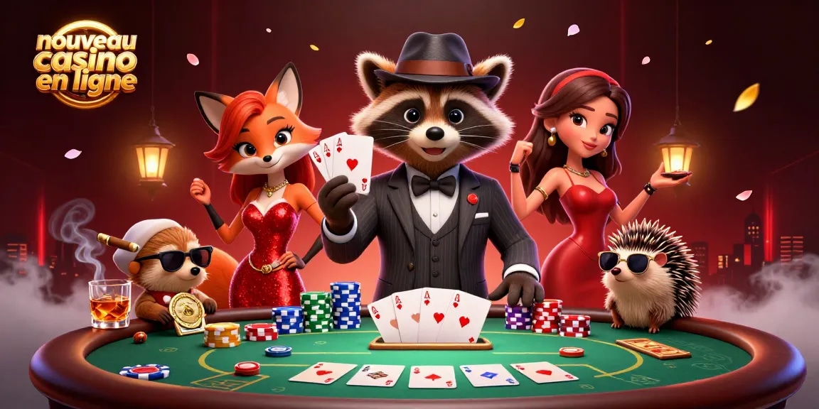 Illustration d'un nouveau casino en ligne avec un raton laveur élégant, une renarde charmante et un hérisson garde de sécurité.