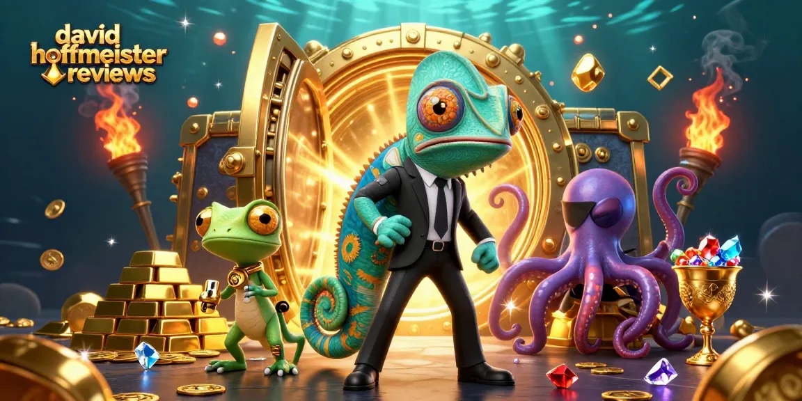 david hoffmeister reviews depict a thrilling casino adventure with animated characters and gleaming treasures.