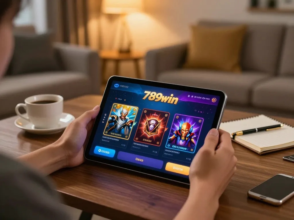 Engaged player using 789win hiện đang mở app on a tablet in a cozy setting, showcasing responsible gaming.