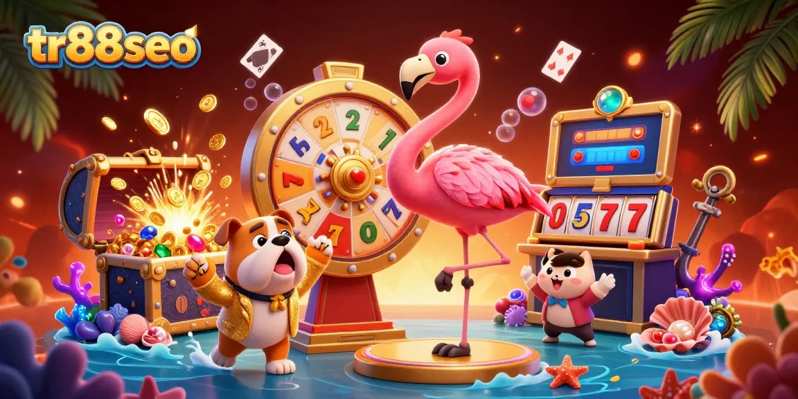 tr88seo showcases an exciting casino scene with a game show host and a bulldog contestant spinning a prize wheel.