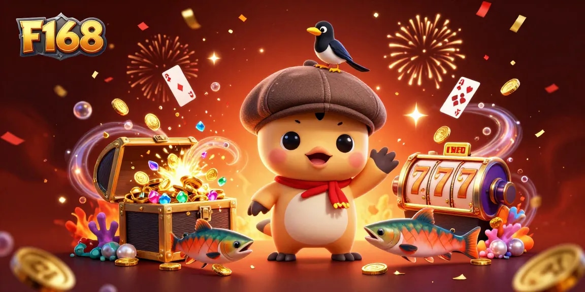 Play and win at F168 with vibrant underwater casino action featuring cartoon characters and slot elements.