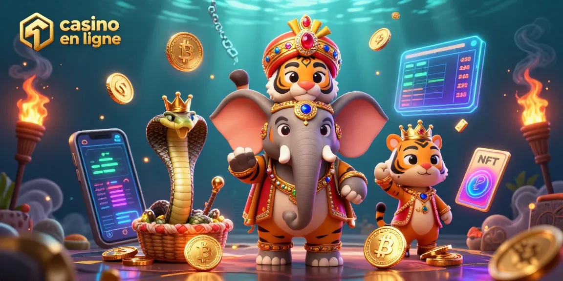 Profitez du casino en ligne avec un majestueux tigre maharaja, un éléphant orné, et des éléments de crypto comme Bitcoin et Ethereum.